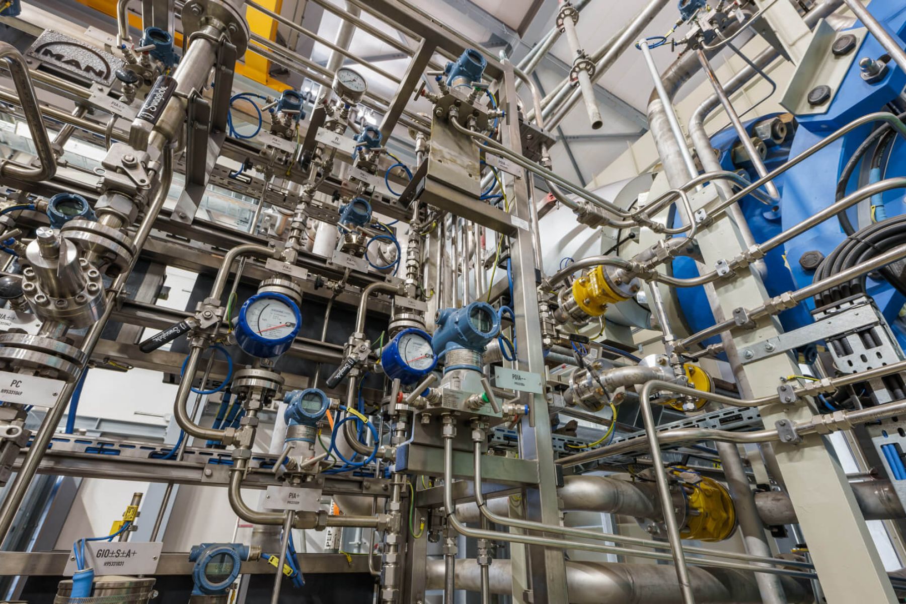 Industrial process automation instrumentation with pressure transmitters valves piping and process measurement equipment